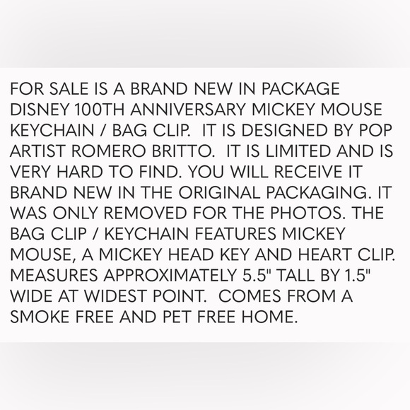 BNWT MICKEY MOUSE 100TH ANNIVERSARY KEYCHAIN BY POP ARTIST ROMERO BRITTO 2023 - Picture 7 of 9